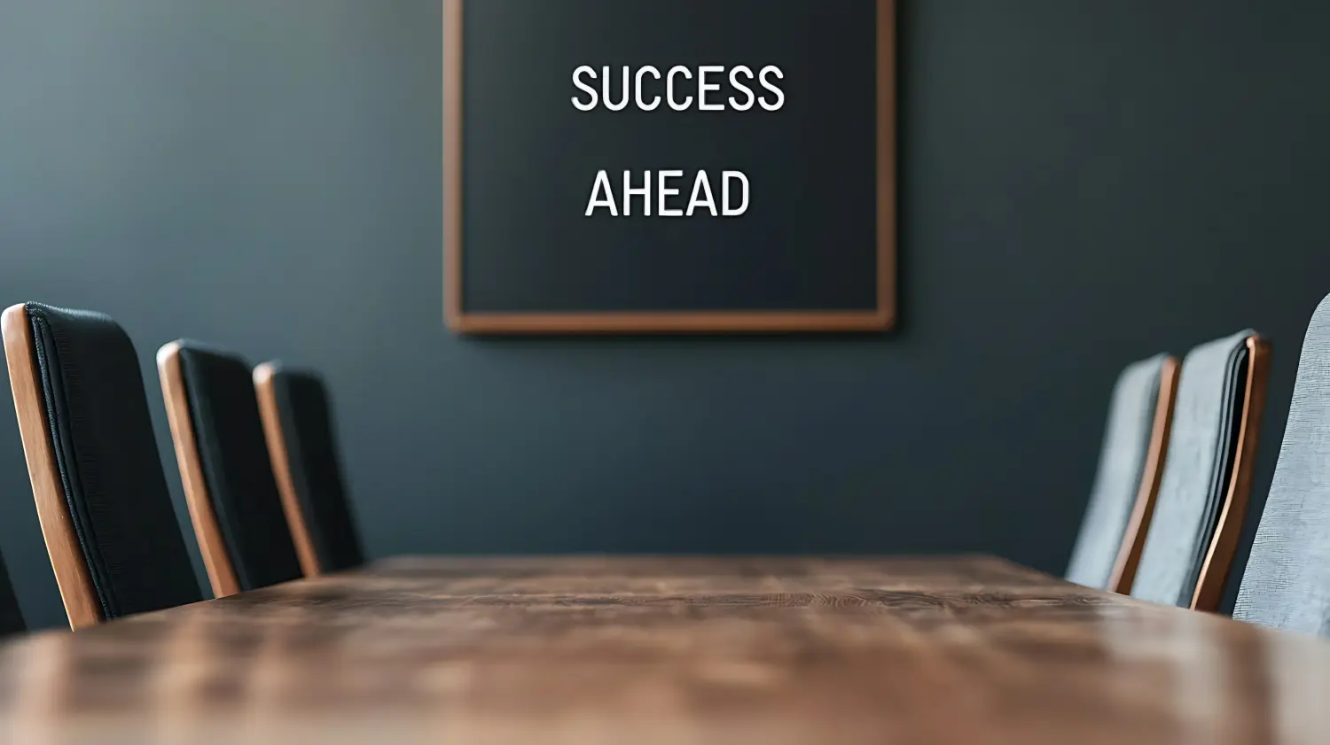 Ein moderner Konferenzraum mit Holztisch, Stühlen und einem motivierenden Schild mit der Aufschrift „SUCCESS AHEAD“ an der Wand.