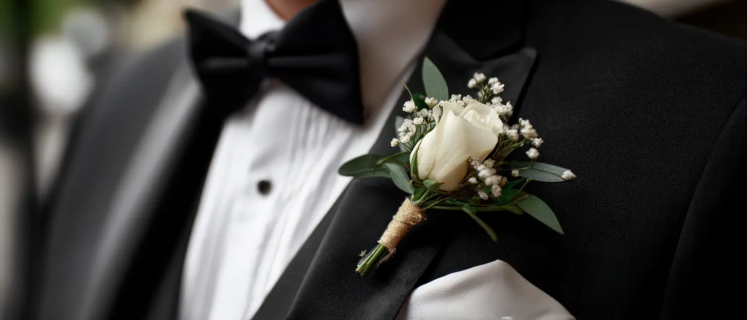 Eleganter Mann im schwarzen Smoking mit weißer Rose als Ansteckblume. Abendgarderobe für Bräutigam oder Hochzeitsgäste. Konzept einer Feier, Hochzeit.