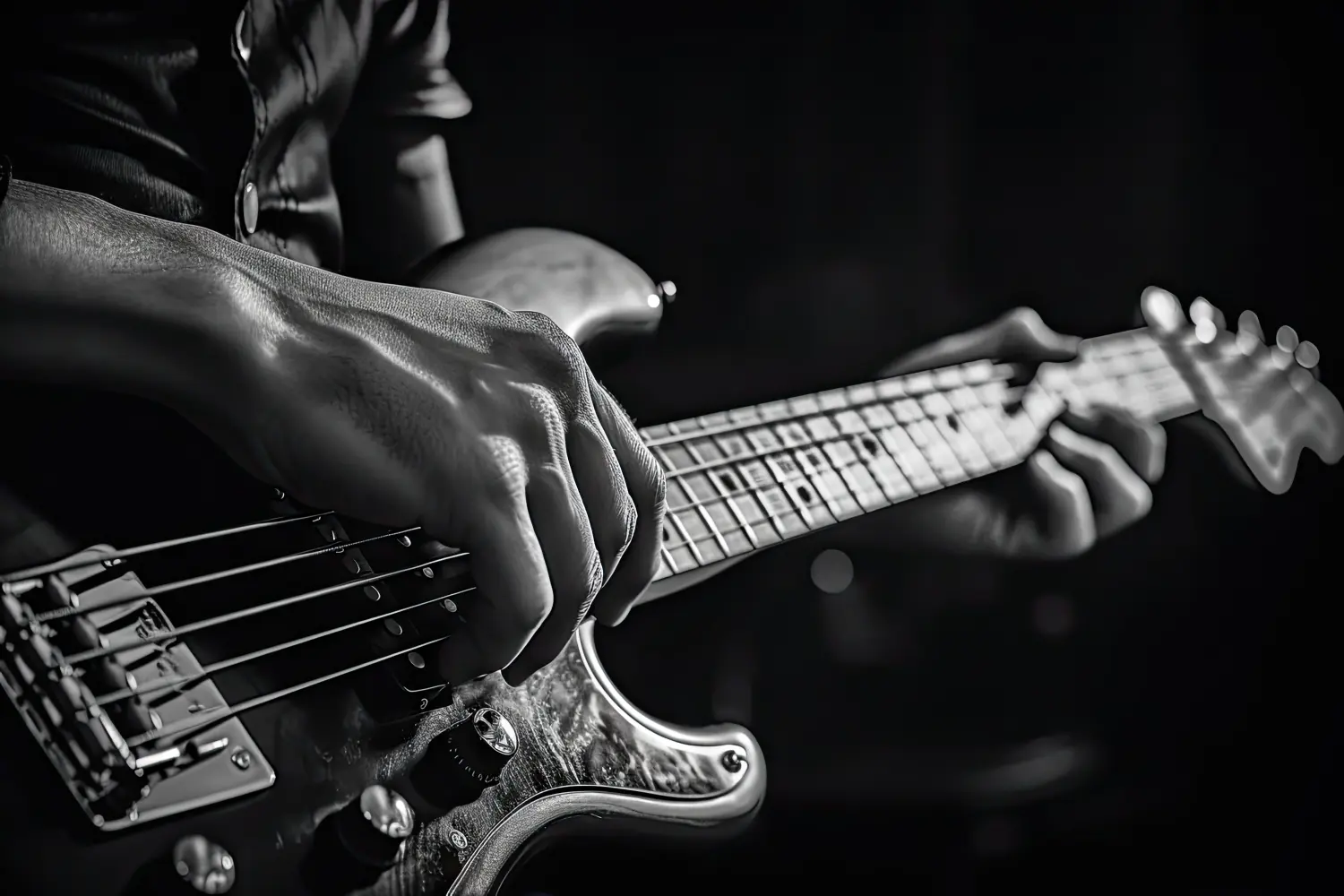 Foto einer Hand am Bass, im Stil der monochromen Tonung Generative AI.