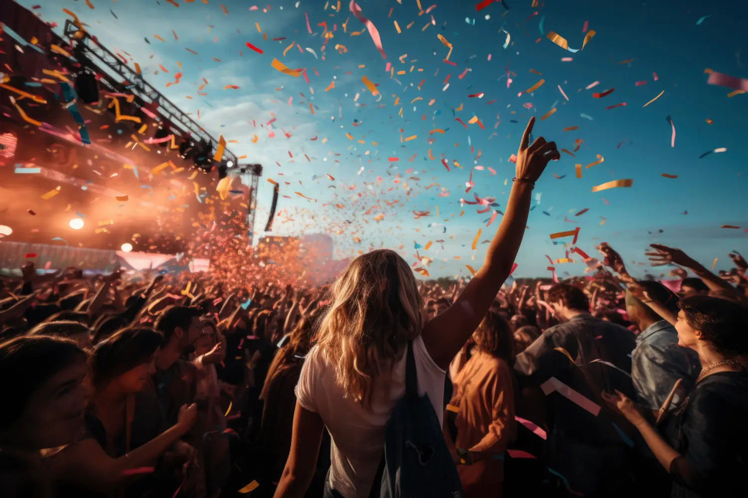 Partynde Menge vor Bühnenbeleuchtung. Live-Konzert. Sommer-Musikfestival.