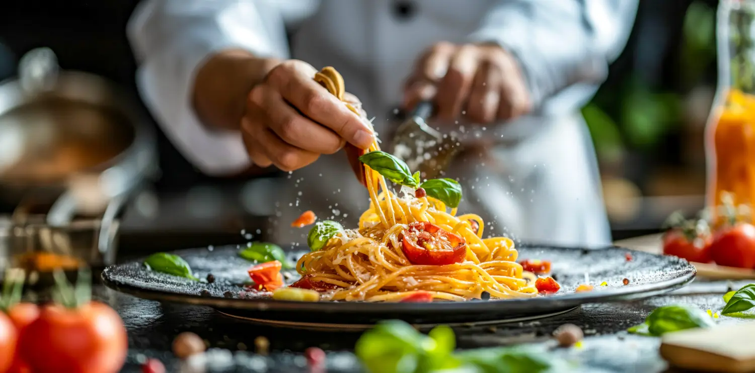 Koch kredenzt eleganten Spaghetti mit frischem Gemüse den letzten Schliff.