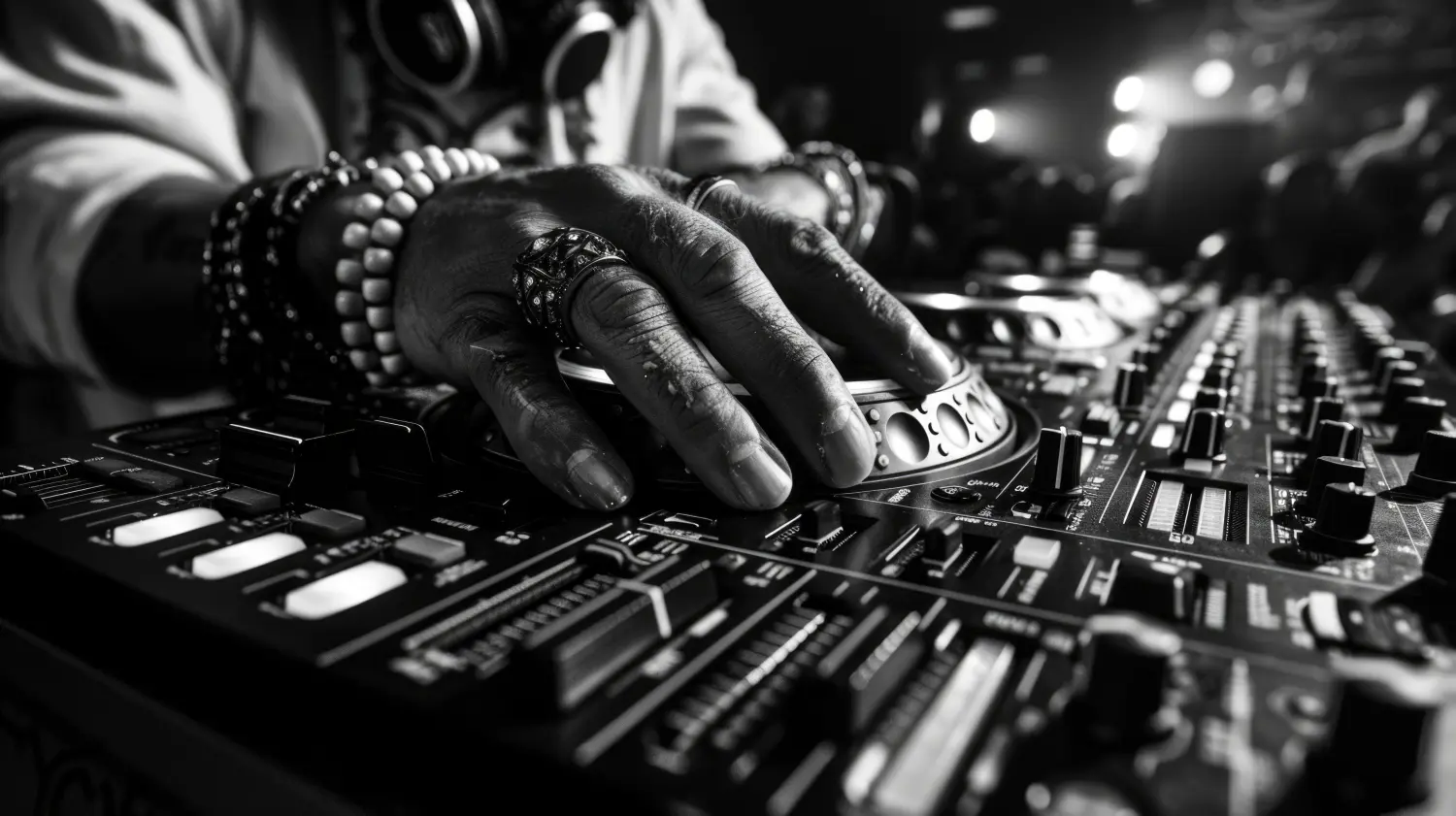 Dramatische Schwarz-Weiß-Nahaufnahme der tätowierten Hand eines DJs beim Einstellen der Mixer-Regler in einem Nachtclub.