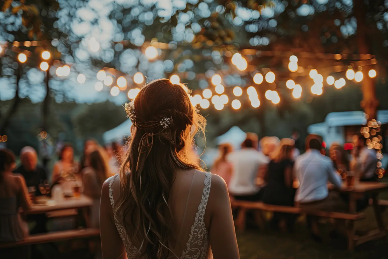 Hochzeitsfeier mit festlicher Atmosphäre, Live-Musik und Foodtrucks.