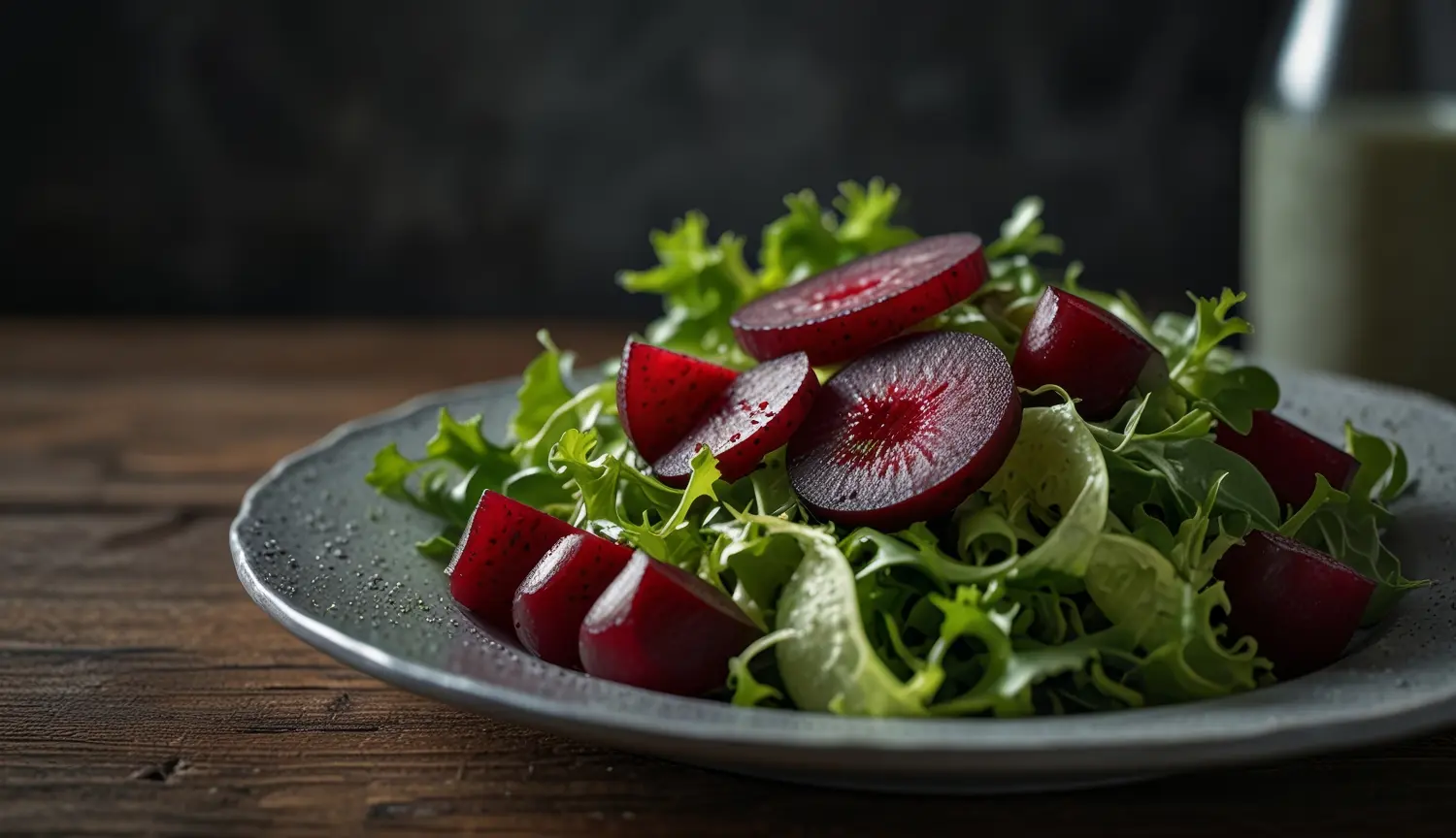 Frischer Gemüsesalat auf einem Holztisch.