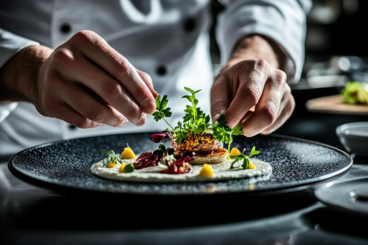 Gourmetkoch serviert exquisites Gericht.